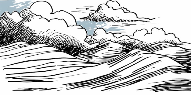 un dibujo de una ola con nubes y cielo en el fondo
