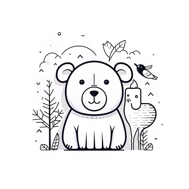 un dibujo de un oso y un pájaro en el fondo