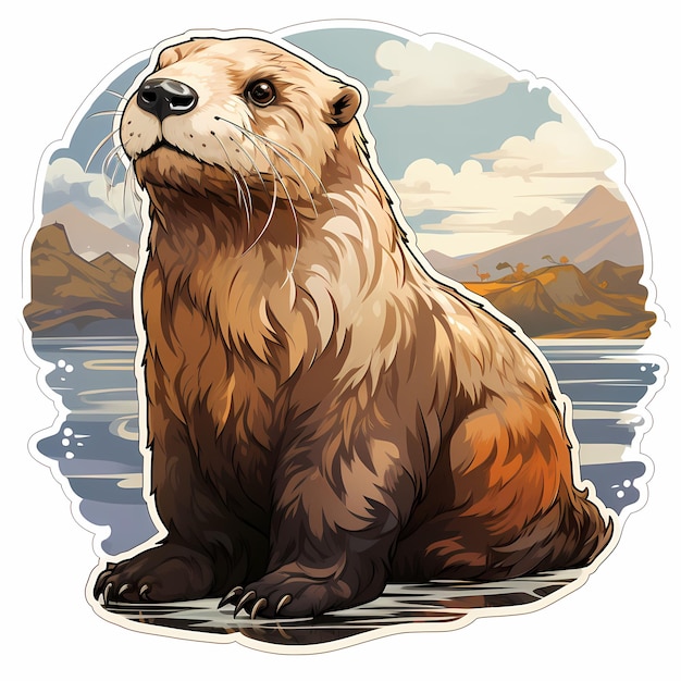 un dibujo de un oso pardo sentado en el agua.