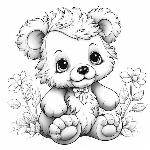 un dibujo de un oso de peluche sentado en la hierba con flores generativas ai