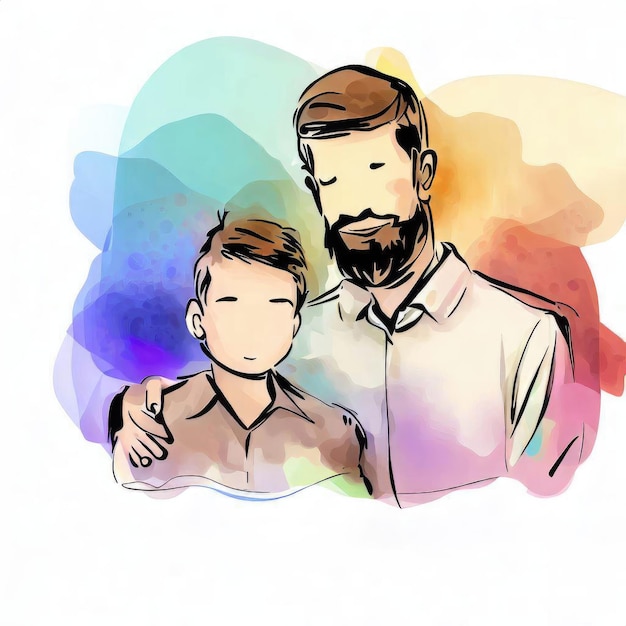 Foto un dibujo de un padre y un hijo con un fondo colorido.