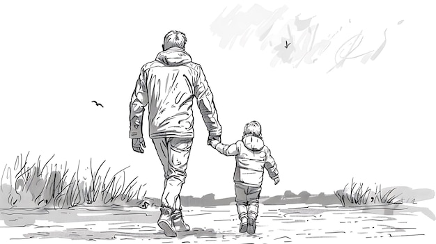 un dibujo de un padre y un hijo tomados de la mano y caminando en la nieve