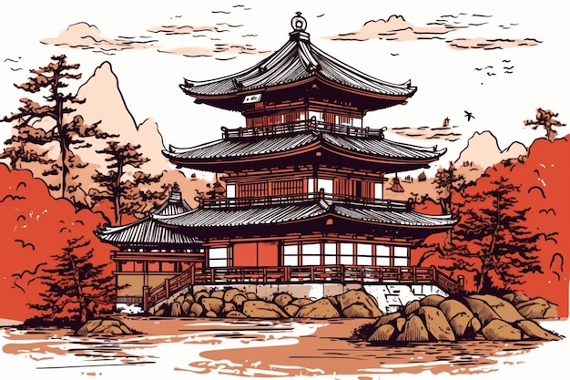 Un dibujo de una pagoda en estilo japonés con una montaña en el fondo