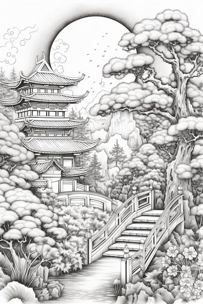 Un dibujo de una pagoda japonesa en un bosque con un puente generativo ai