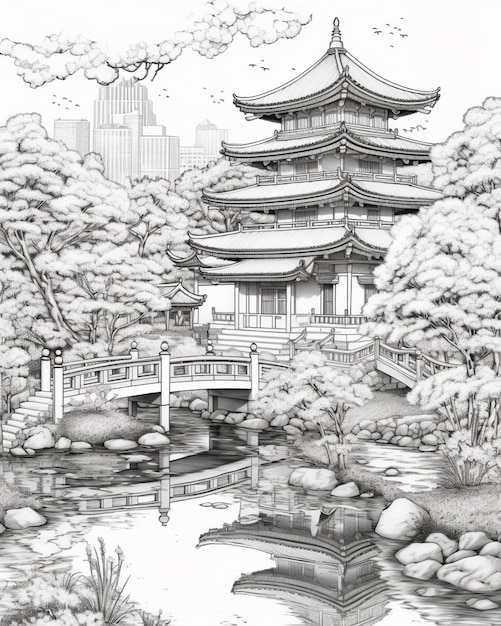 Un dibujo de una pagoda en un jardín japonés con un puente generativo ai