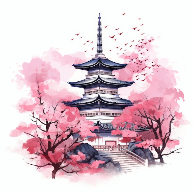 un dibujo de una pagoda con pájaros volando a su alrededor