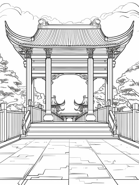 un dibujo de una pagoda con una puerta y un banco generativo ai