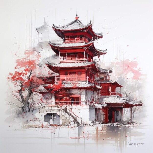 Un dibujo de una pagoda roja con rojo en el estilo generado por la IA foto