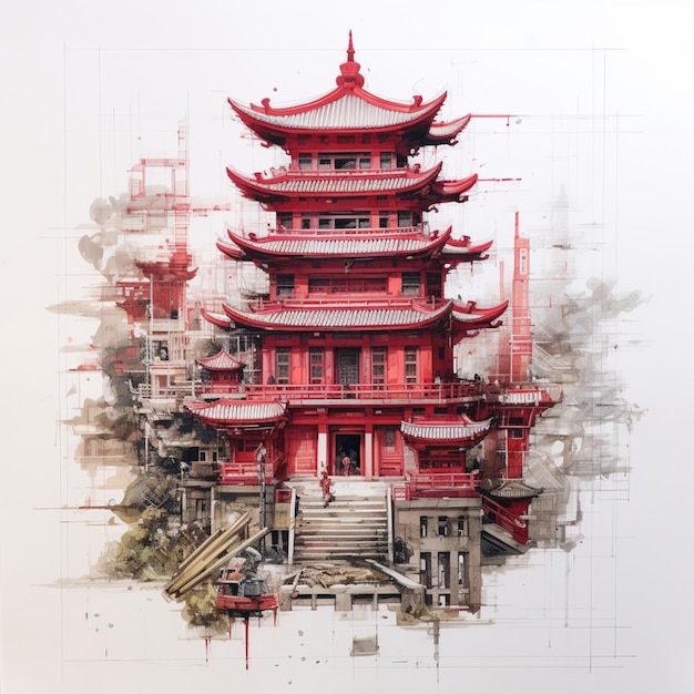 Un dibujo de una pagoda roja con rojo en el estilo generado por la IA foto