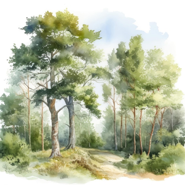 Dibujo de paisaje de acuarela de bosque en colores verdes