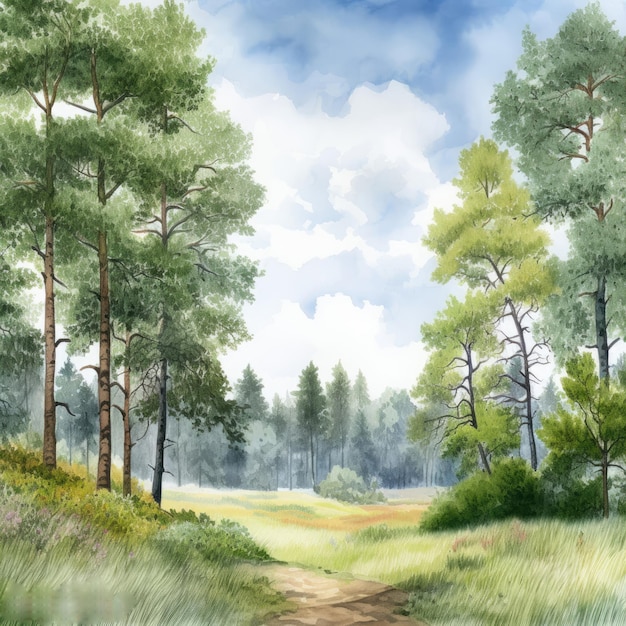 Foto dibujo de paisaje de acuarela de bosque en colores verdes