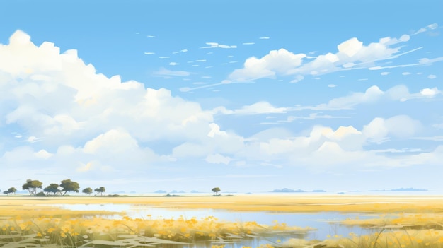 Dibujo de paisaje azul cielo y amarillo en estilo de arte de anime