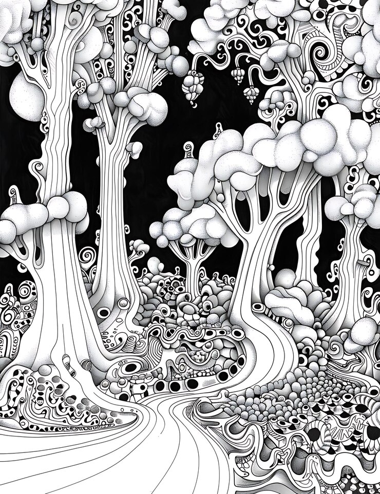 un dibujo de un paisaje blanco y negro con árboles y flores