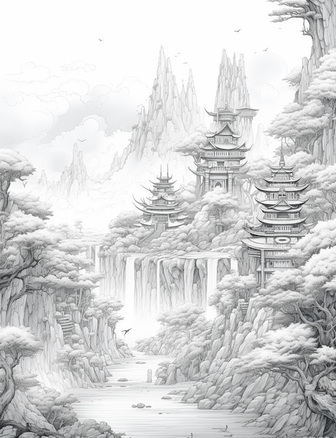 un dibujo de un paisaje de montaña con una cascada y pagodas generativas ai