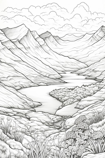 un dibujo de un paisaje de montaña con un lago y montañas generativo ai