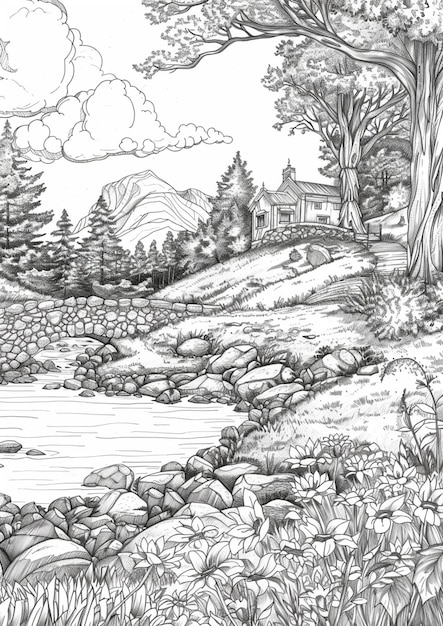 Foto un dibujo de un paisaje con un río y árboles generativo ai