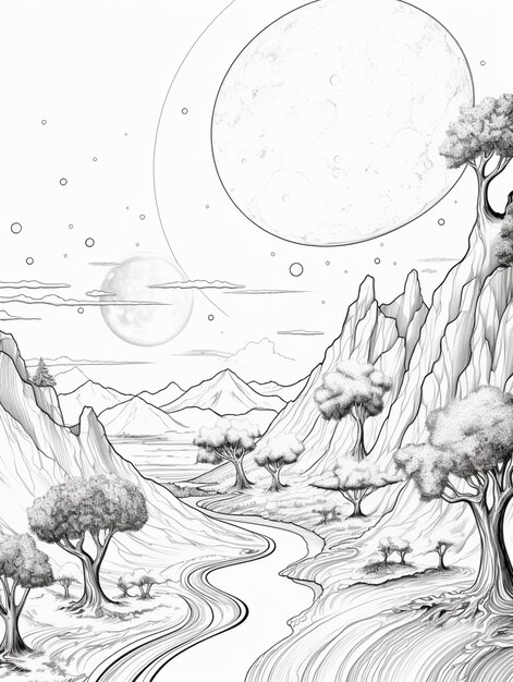 Foto un dibujo de un paisaje con un río y árboles generativo ai