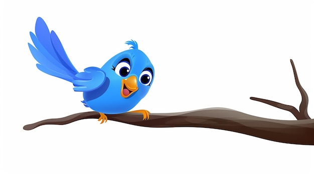 Dibujo de un pájaro azul saludando subido a una rama de árbol con fondo blanco