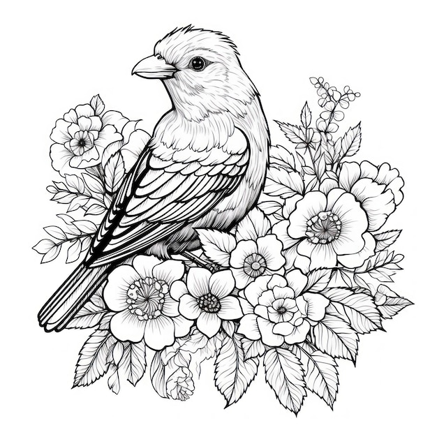 un dibujo de un pájaro con flores y un pájaro sobre él