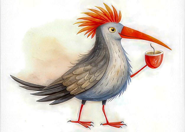 un dibujo de un pájaro con un pico rojo y un pico naranja sosteniendo una taza de café