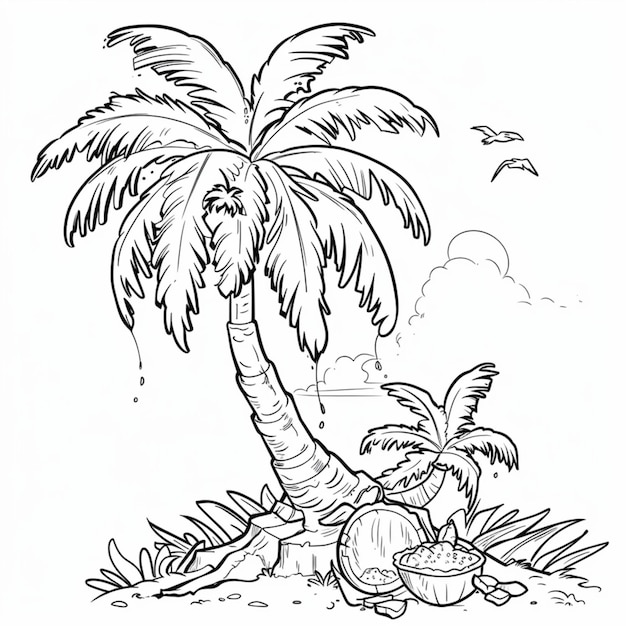 un dibujo de una palmera y una canasta de cocos