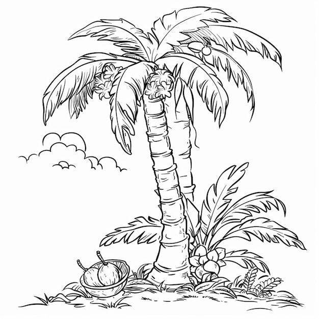 un dibujo de una palmera con un coco y un coco en ella