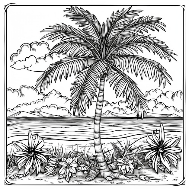 un dibujo de una palmera en una playa