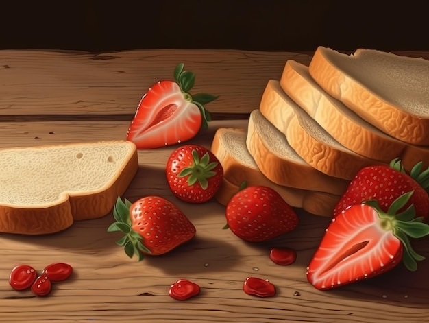 Un dibujo de pan y fresas en una mesa de madera.