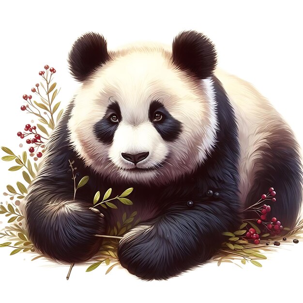 un dibujo de un panda con una cara blanca y negra y flores rojas