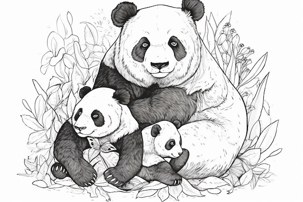 Un dibujo de un panda con dos cachorros.