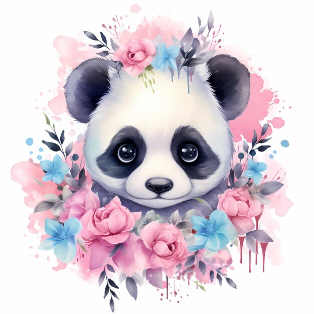 un dibujo de un panda con flores y pandas.