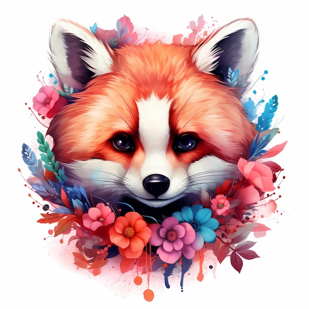 un dibujo de un panda rojo con flores y una imagen de un zorro