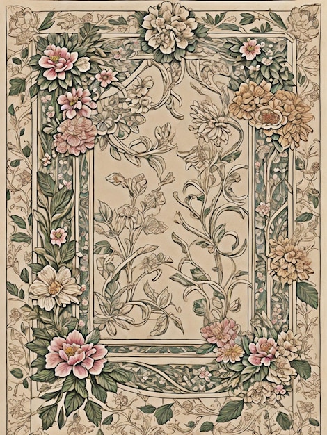 un dibujo en papel de un borde floral y flores al estilo de un papel tapiz de escultura policromada iluminado