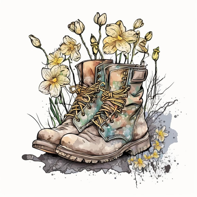 Un dibujo de un par de botas con flores en el fondo ai generativo