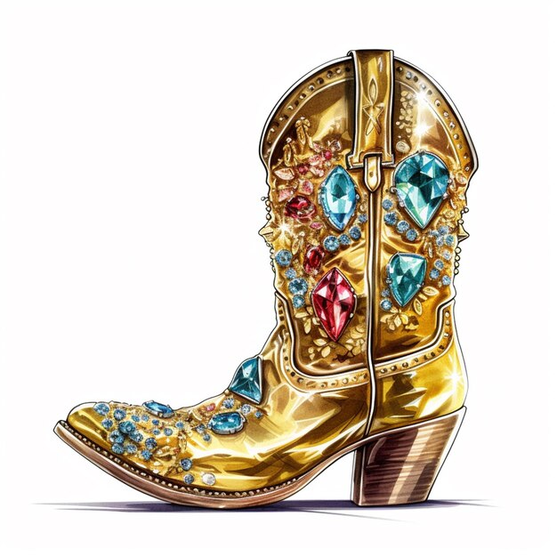 un dibujo de un par de botas de vaquero de oro con piedras coloridas