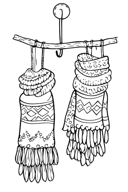 un dibujo de un par de guantes colgando de una línea de ropa