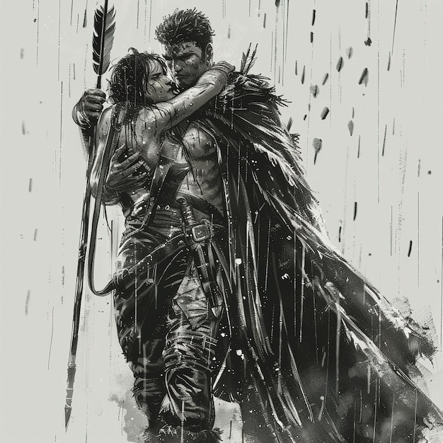 un dibujo de una pareja abrazándose bajo la lluvia
