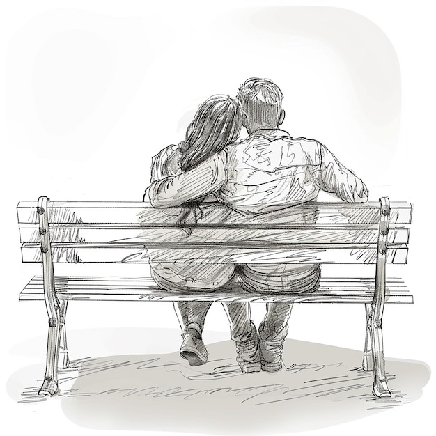 dibujo de una pareja enamorada sentada en un banco en el parque