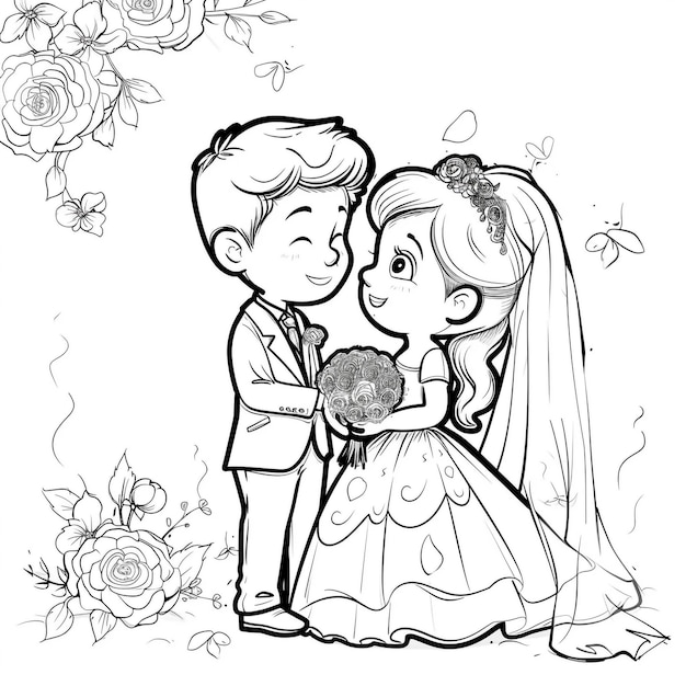 un dibujo de una pareja y una novia con un ramo de flores