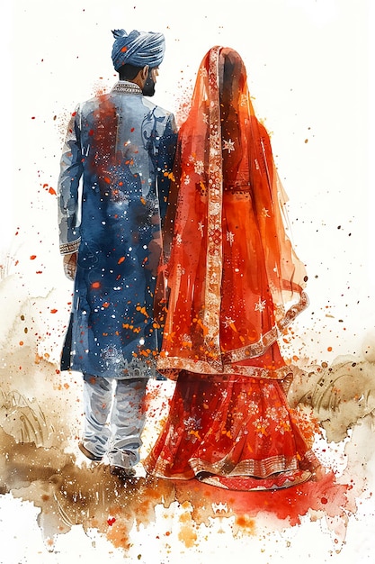 un dibujo de una pareja en un sari rojo y el hombre de naranja está de pie al lado de una mujer