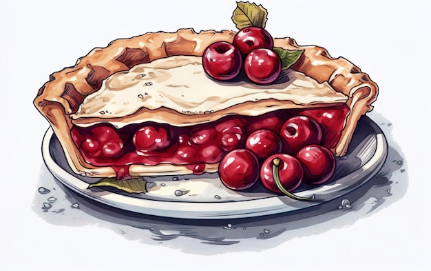 Un dibujo de un pastel de cerezas en un plato.