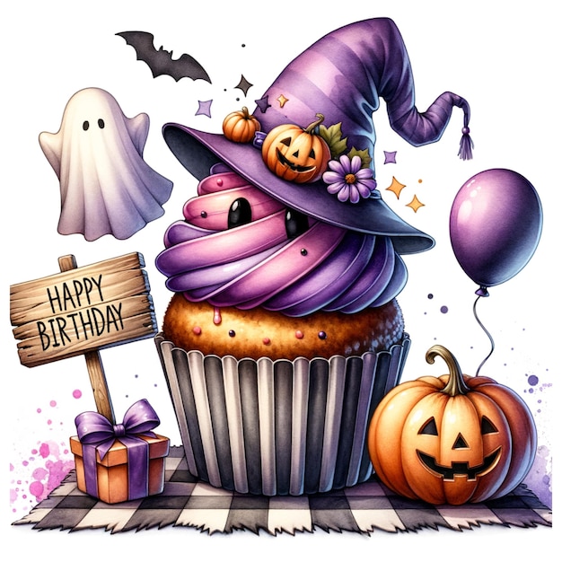 Foto un dibujo de un pastel de cumpleaños con decoraciones de halloween en él