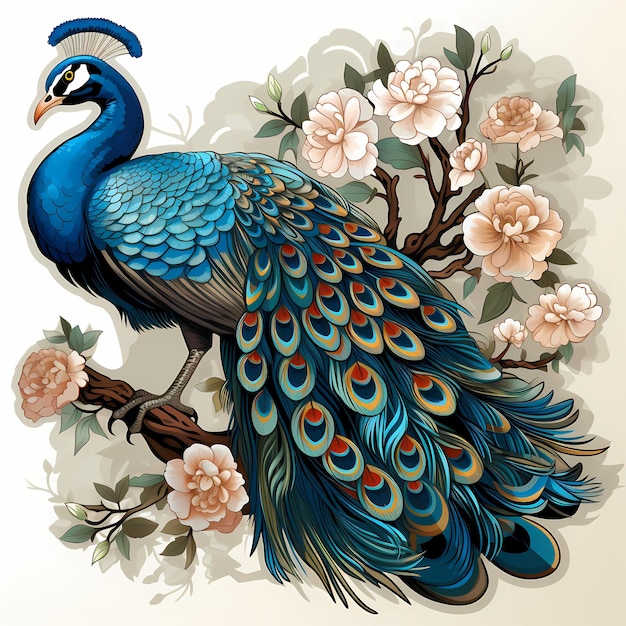 un dibujo de un pavo real con flores y un pájaro con un pico azul.