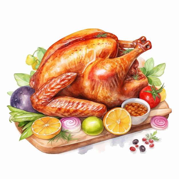 Un dibujo de un pavo con verduras y frutas en una tabla para cortar