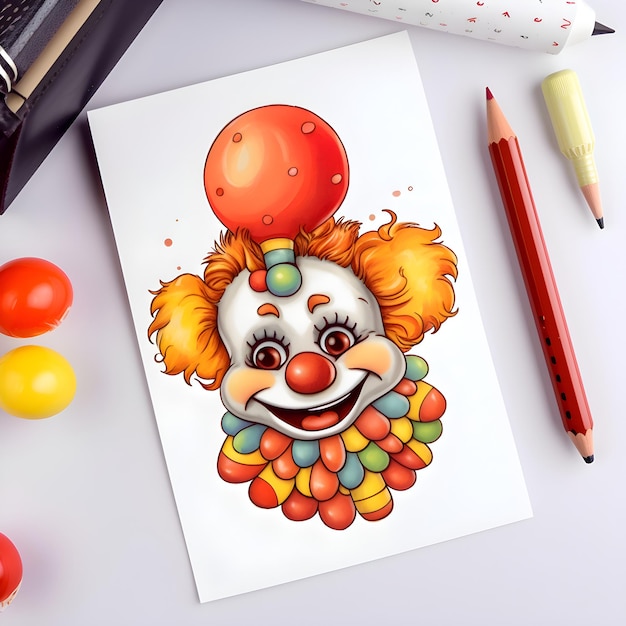 Dibujo de payaso en papel con lápices de colores Ilustración vectorial