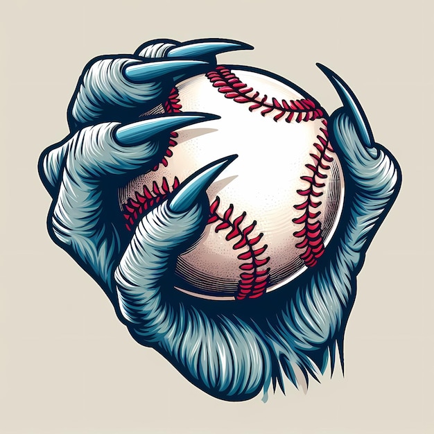 Foto un dibujo de una pelota de béisbol con una mano de monstruo sosteniendo una pelota