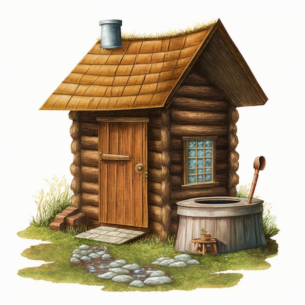 Un dibujo de una pequeña casa de madera con techo de paja.