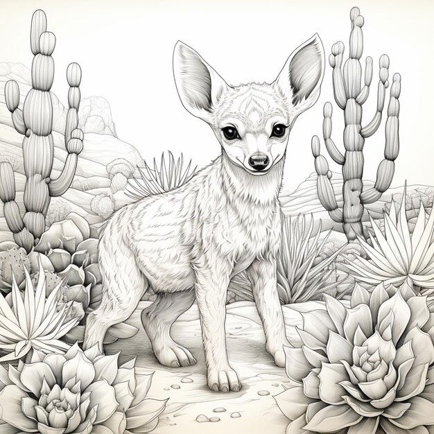 dibujo de un pequeño perro de pie en un desierto con plantas de cactus generativo ai