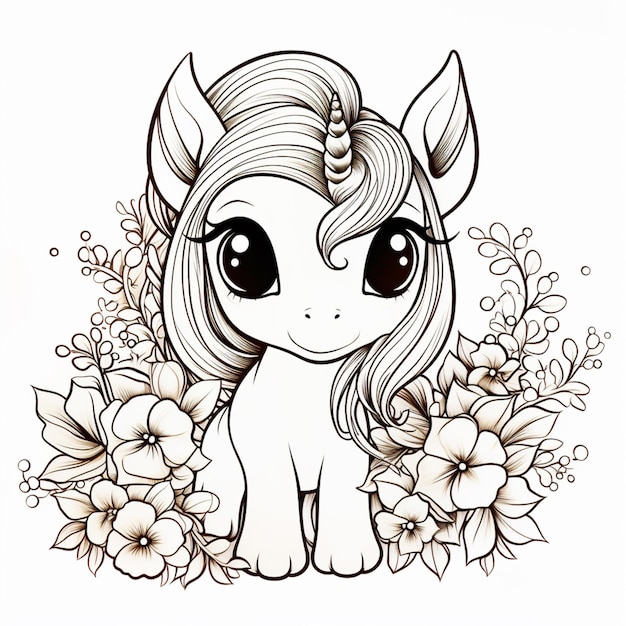 Foto un dibujo de un pequeño pony con flores a su alrededor ai generativo