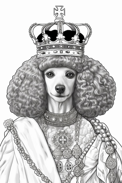 un dibujo de un perro con una corona y un vestido generativo ai